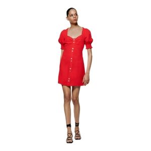 Zara 100% linen mini red dress with ruffle trim, short sleeves, size XS